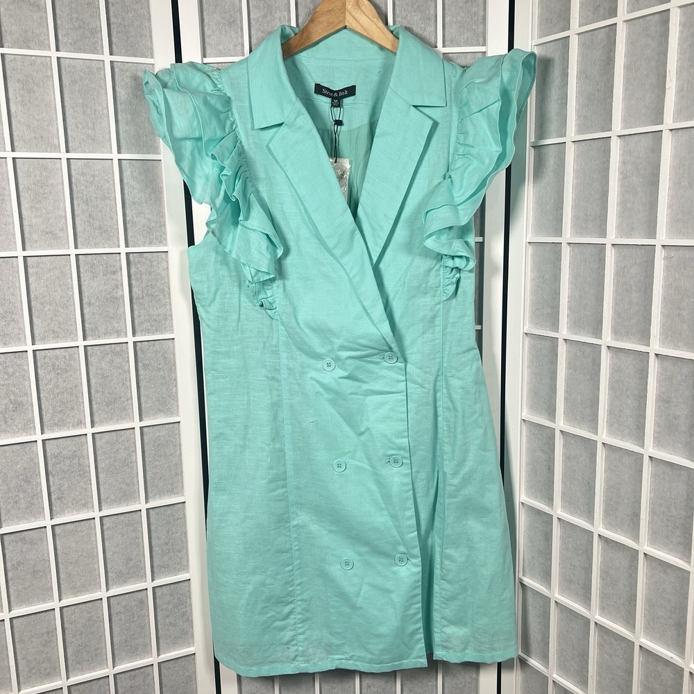 Strut and Bolt Dress Womens Medium Double Breasted Ruffle Sleeve Mint Green NWT